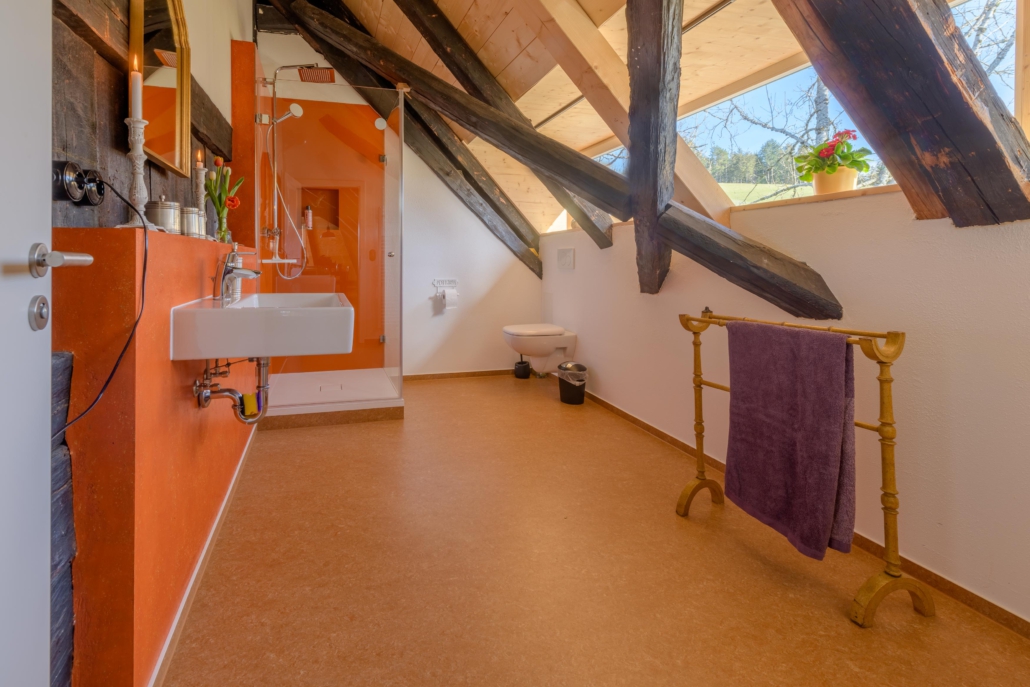 Badezimmer mit moderner Einrichtung und altem Holzgebälk