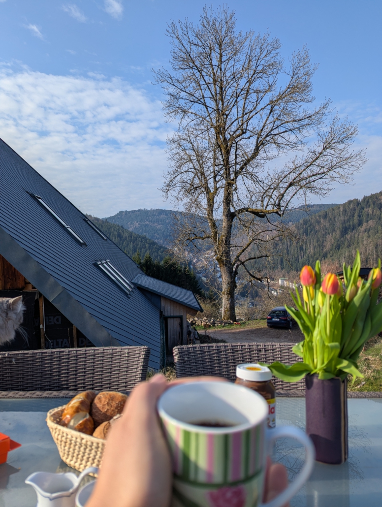Terrassentisch mit Frühstücksutensilien und Blick über das Haus und den Schwarzwald