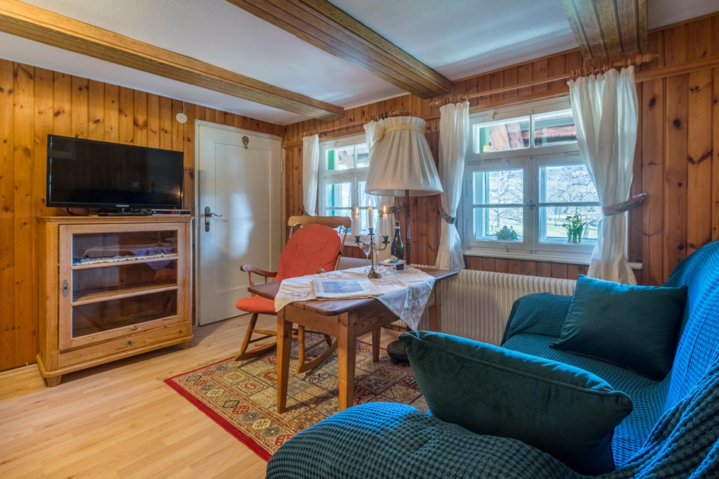 Gemütlicher Wohnbereich mit Sofa und Tisch Wohnbereich des Wohn-/Schlafzimmers mit Sofa, Couchtisch und Sessel, sowie TV
